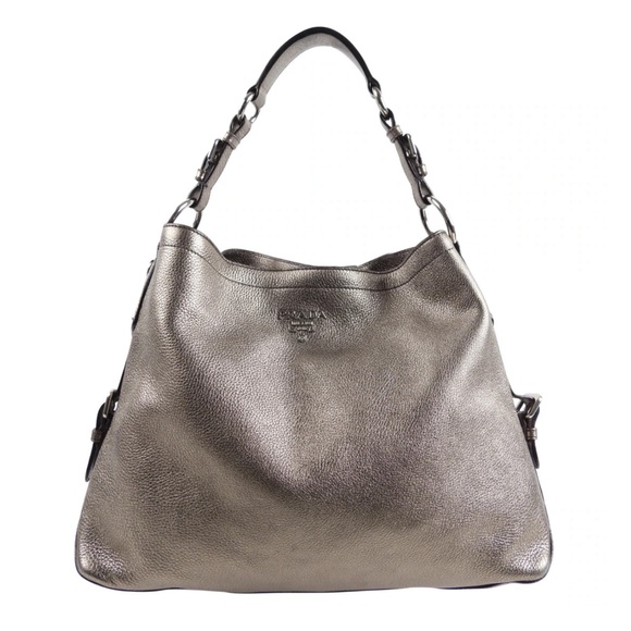 Prada Handbags - PRADA Metallic Pewter Leather Hobo Shoulder Bag